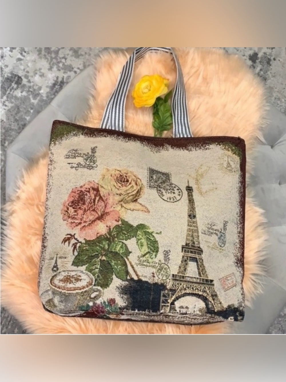 Eiffel Tower Paris Large Canvas Tote & Shoulder  Bag With Zipper Closure NEW!